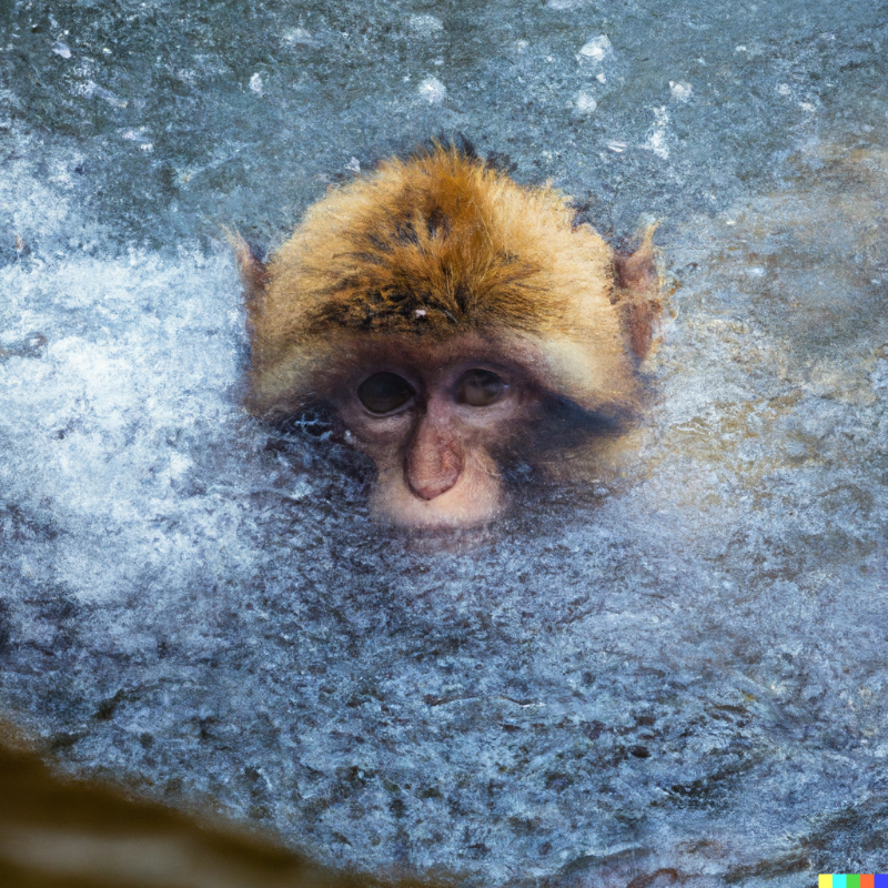 DALL·E Affe in Quelle - Fotografische Qualität. Affen in heißer, dampfender Quelle. Nur der Kopf schaut aus dem dampfenden Wasser..png