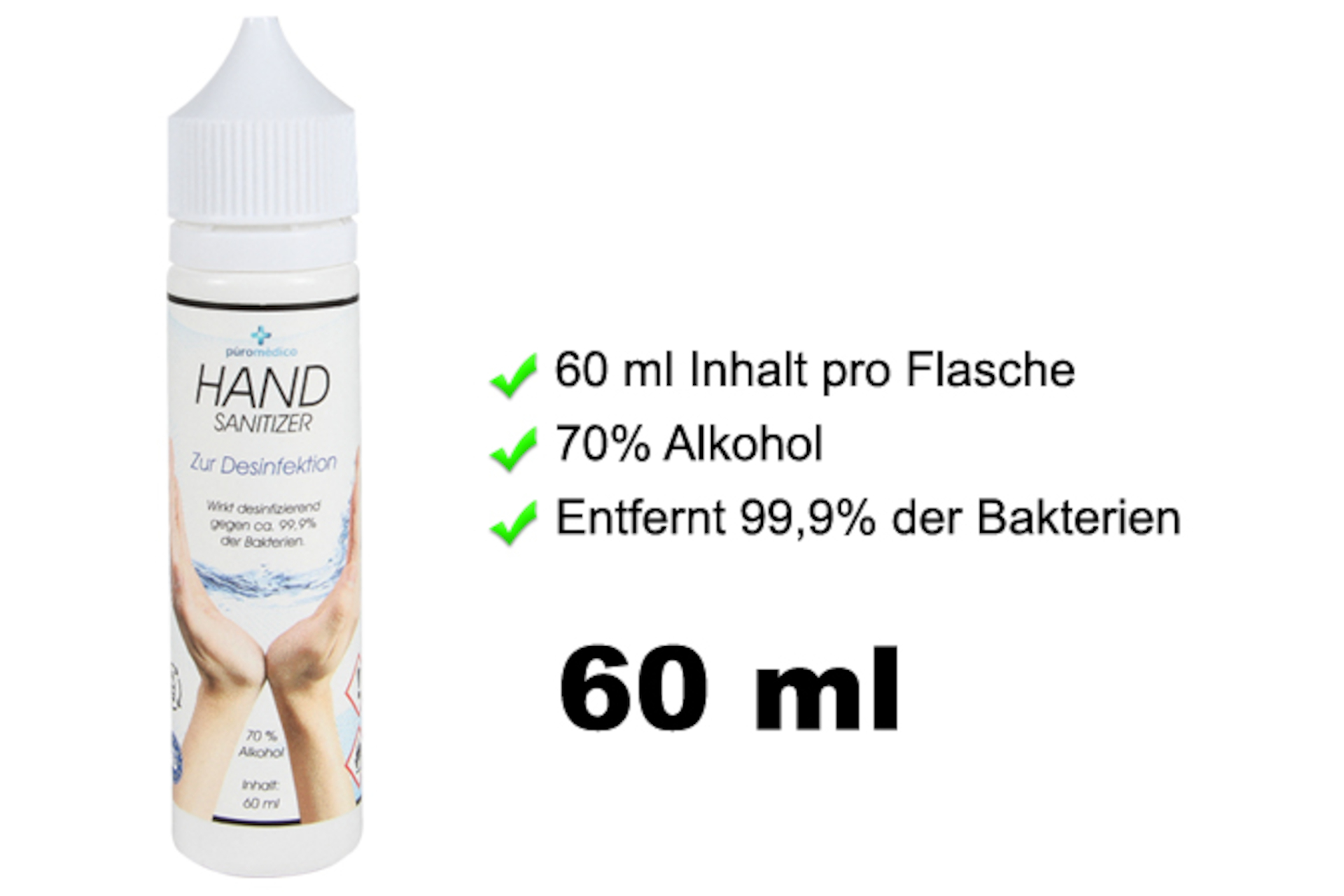 Hand Sanitizer zur Händedesinfektion, 60 ml Flasche