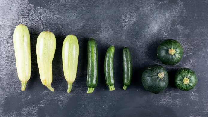 Hellgrüne, dunkelgrüne und runde Zucchini auf dunklem Hintergrund.