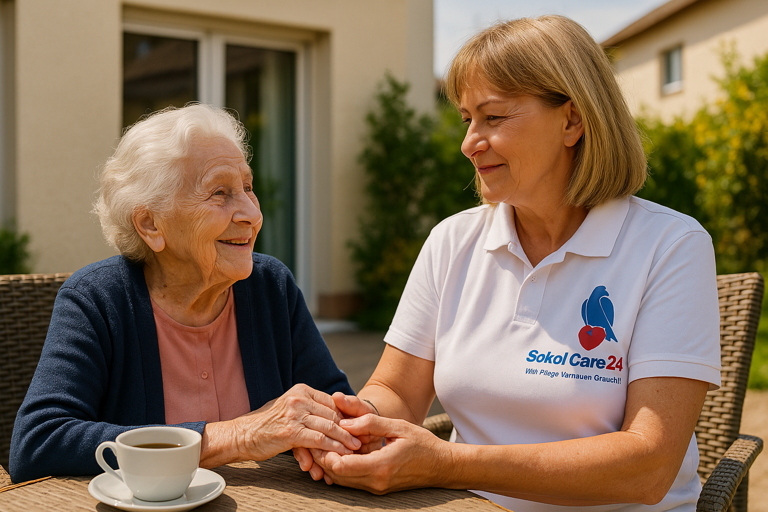 Sokol Care24 Pflegekraft mit Kundin im Gespräch