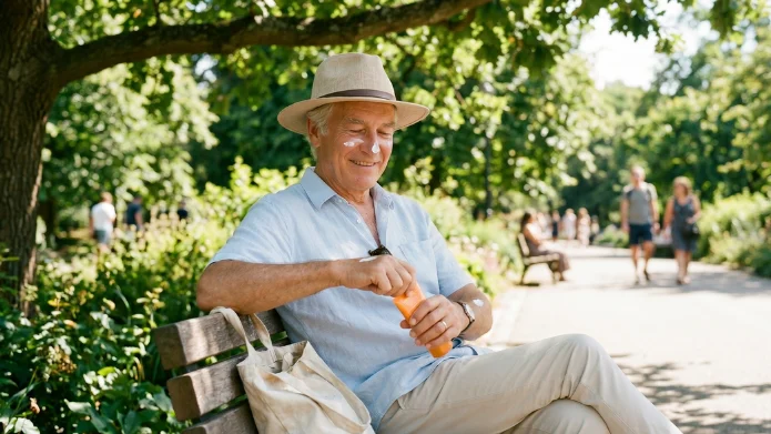 Sonnenschutz im Alter: Ein Senior nutzt gezielten Lichtschutz durch Schatten und Sonnenpflege, um die lichtbedingte Hautalterung und Gewebeschäden konsequent zu minimieren.