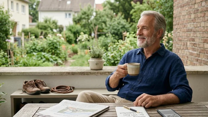 Ein lächelnder Senior sitzt mit Kaffeetasse an einem Gartentisch, vor ihm liegen Zeitung und Notizblock zur Tagesplanung.