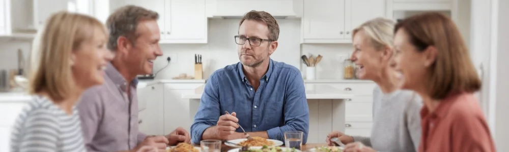Ein Mann sitzt nachdenklich am Esstisch, während vier andere Erwachsene um ihn herum lachend gemeinsam essen.