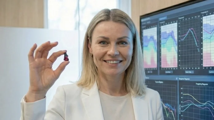 Eine lächelnde Expertin hält das winzige In-Ohr-Hörgerät audibene IX hoch; im Hintergrund zeigt ein Monitor audiologische Analysen zur Gehirnstimulation.