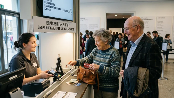 Vergünstigungen für Rentner beanspruchen: Ein älteres Paar steht an einer Kasse und legitimiert sich mit dem Rentenausweis, um einen ermäßigten Eintrittspreis zu erhalten.