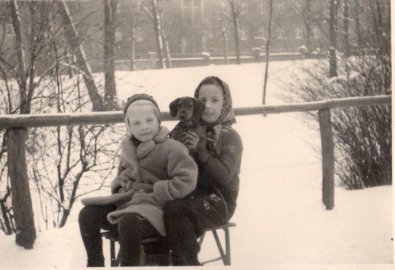 Foto 83  bei so viel Schnee durften Uschi und Gitta mit Filou rodeln Winter 1951, 1952.jpg